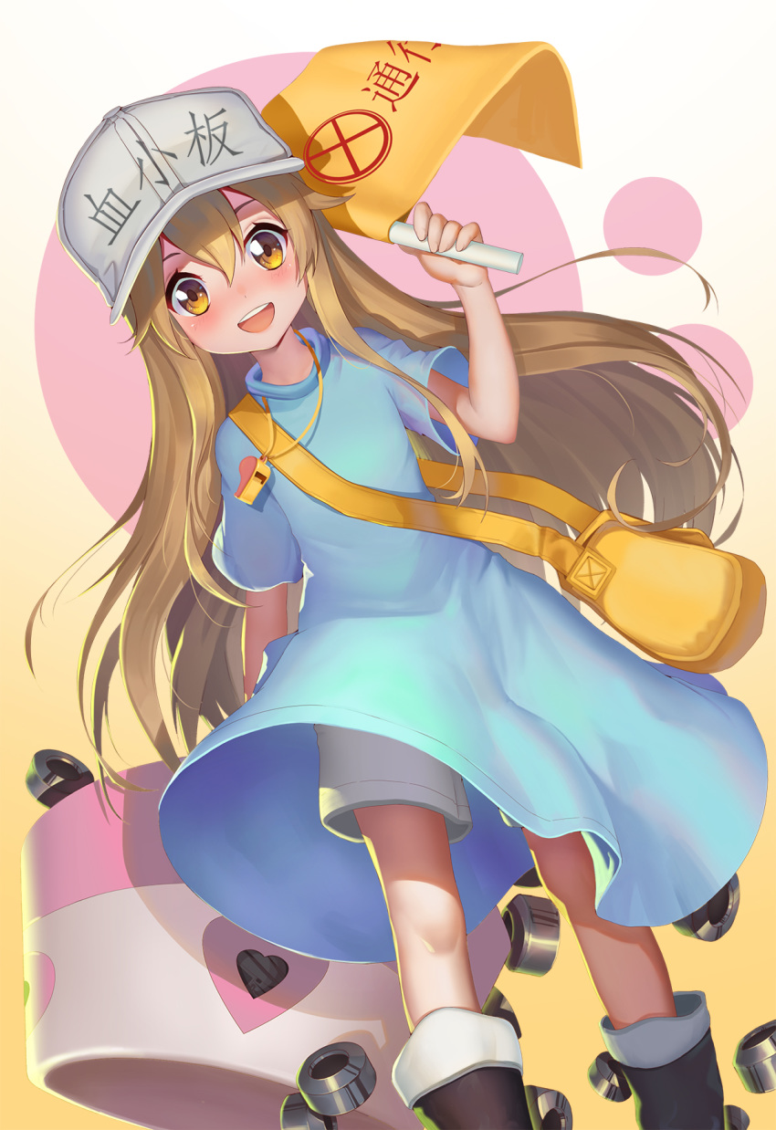 black_footwear blush boots brown_eyes brown_hair estcc eyebrows_visible_through_hair flag hat hataraku_saibou highres holding holding_flag knee_boots long_hair looking_at_viewer platelet_(hataraku_saibou) short_sleeves smile solo whistle whistle_around_neck white_hat