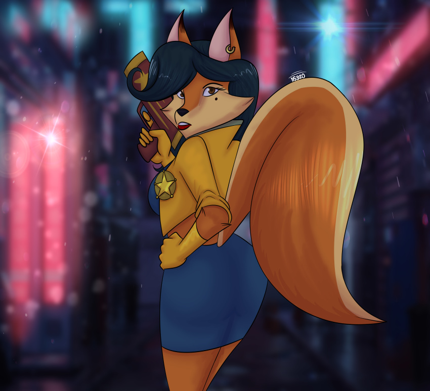 anthro butt_pose canine carmelita_fox clothed clothing damian5320 fox gun hair mammal ranged_weapon sly_cooper_(series) video_games weapon