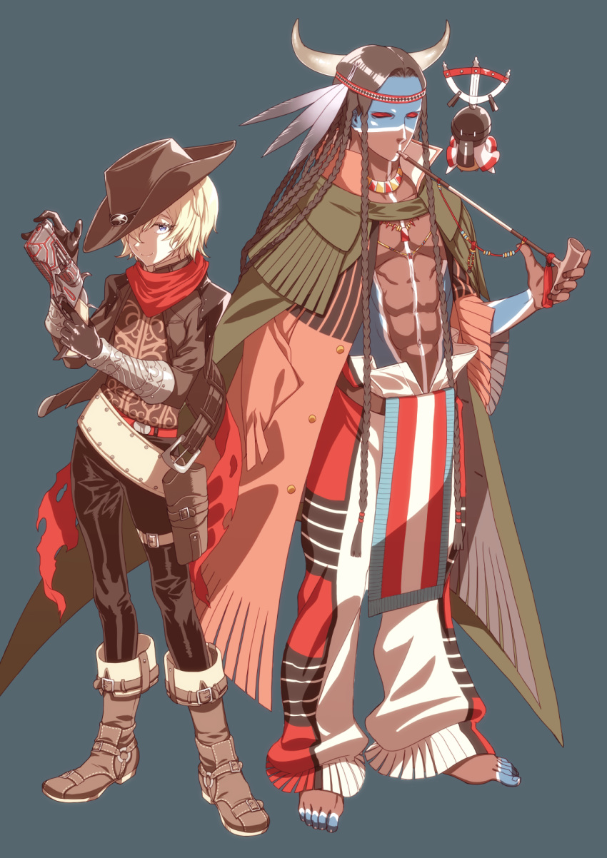 2boys abs barefoot billy_the_kid_(fate/grand_order) blonde_hair blue_background boots cowboy_hat dark_skin fate/grand_order fate_(series) geronimo_(fate/grand_order) gun hat jacket male_focus multiple_boys muscle native_american pipe scarf simple_background smoking toes weapon western