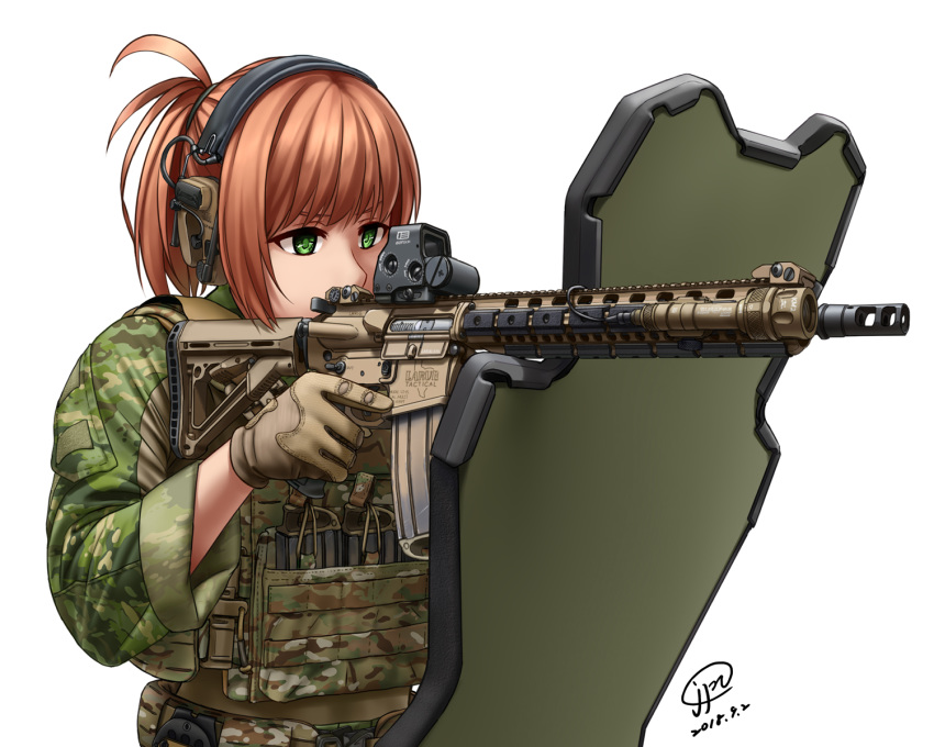 ar-15 artist_name brown_gloves brown_hair camouflage dated gloves green_eyes gun headset highres holding holding_gun holding_weapon jpc load_bearing_vest multicam_(camo) original rifle shield solo standing upper_body weapon white_background