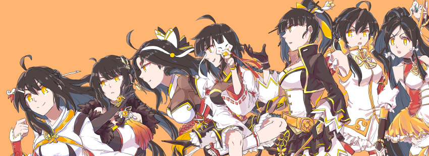 ahoge ara_han asura_(elsword) black_hair braid elsword fox hair_ornament hairpin highres hua_ge_pi little_devil_(elsword) little_hsien_(elsword) little_specter_(elsword) long_hair multiple_girls multiple_persona open_mouth sakra_devanam_(elsword) skirt smile twin_braids yama_raja_(elsword) yellow_eyes