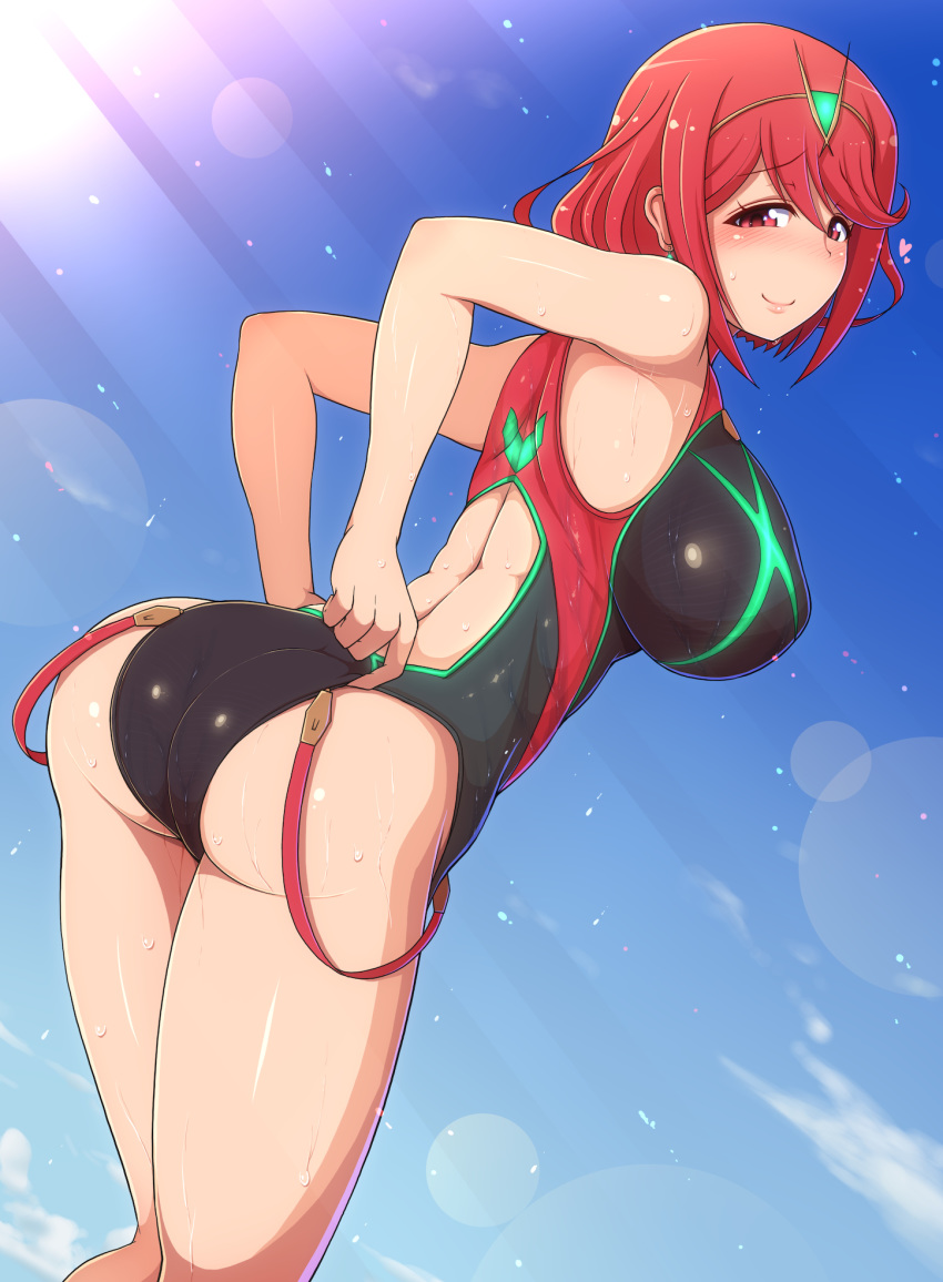 ass bangs blue_sky blush breasts closed_mouth commentary_request competition_swimsuit day dutch_angle earrings from_behind highres homura_(xenoblade_2) jewelry large_breasts lens_flare lips looking_at_viewer looking_back one-piece_swimsuit outdoors ponpo red_eyes red_hair shiny shiny_clothes shiny_hair shiny_skin short_hair shorts sky smile solo standing swept_bangs swimsuit wet xenoblade_(series) xenoblade_2