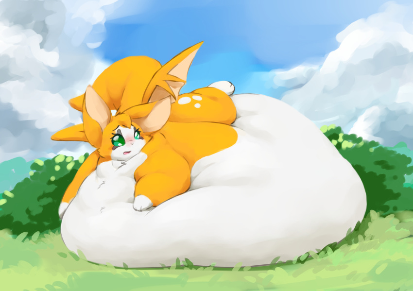 2018 ambiguous_gender belly big_belly blush dust:_an_elysian_tail fidget hyper hyper_belly immobile lying morbidly_obese obese on_front open_mouth outside overweight veiukket video_games