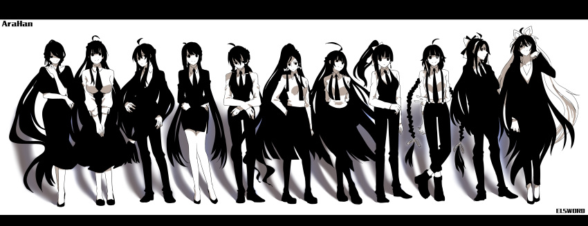 apsara_(elsword) ara_han asura_(elsword) black_hair devi_(elsword) elsword greyscale highres hua_ge_pi little_devil_(elsword) little_hsien_(elsword) little_specter_(elsword) long_hair long_sleeves looking_at_viewer monochrome multiple_girls sakra_devanam_(elsword) shiva_(elsword) simple_background smile standing very_long_hair white_background yama_raja_(elsword)