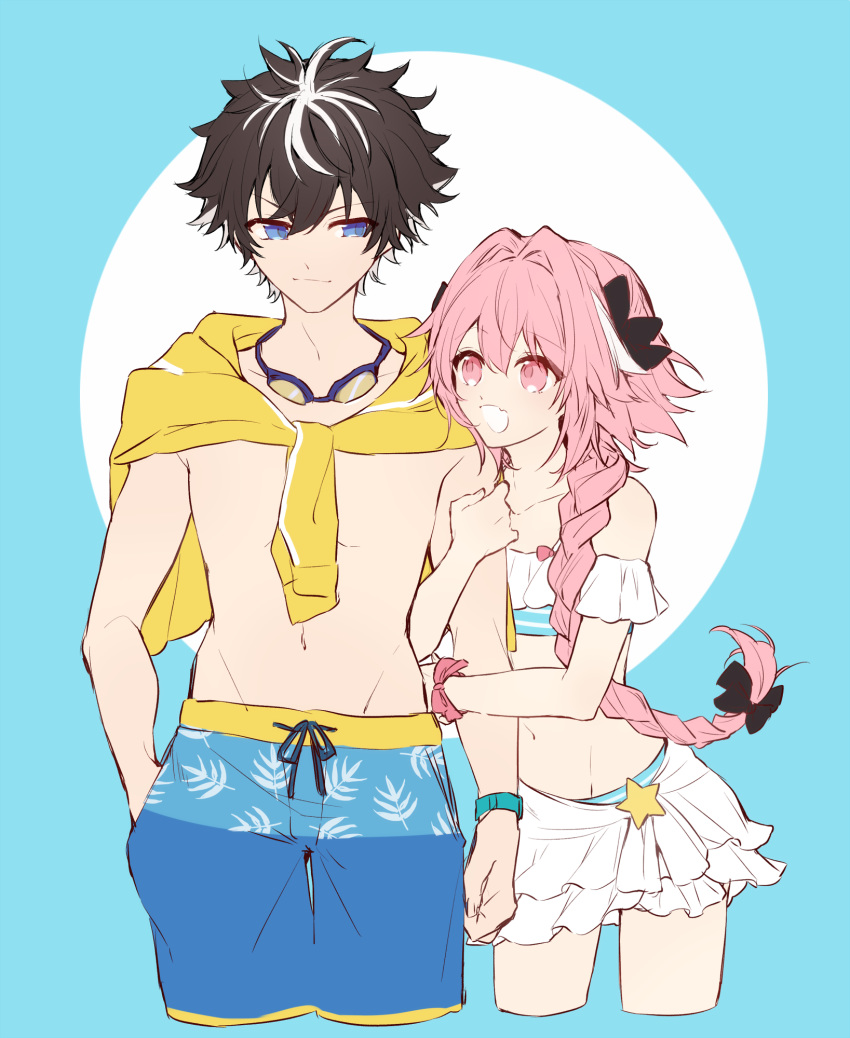 aqua_background arm_hug astolfo_(fate) bikini bikini_skirt black_bow black_hair black_ribbon blue_eyes bow braid charlemagne_(fate) circle citron_82 clothes_around_neck commentary_request couple cropped_legs drawstring fang fate/apocrypha fate/extella_link fate_(series) flat_color goggles goggles_around_neck hair_bow hair_intakes hair_ribbon hand_in_pocket highres holding_arm long_braid long_hair looking_at_another male_focus male_swimwear multicolored_hair multiple_boys open_mouth otoko_no_ko pink_eyes pink_hair pink_ribbon ribbon shirt_on_shoulders simple_background single_braid sketch smile star streaked_hair striped striped_bikini swim_trunks swimsuit swimwear translation_request two-tone_hair very_long_hair white_hair wrist_ribbon yaoi