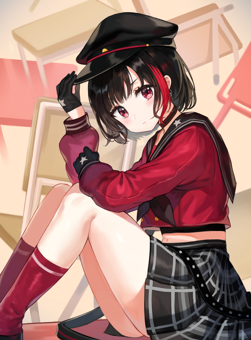 absurdres adjusting_clothes adjusting_hat bang_dream! bangs black_gloves black_hair black_hat black_neckwear black_sailor_collar black_skirt bob_cut choker commentary_request cosplay earrings from_side gloves hat highres jewelry knees_up long_sleeves looking_at_viewer lost_one_no_goukoku_(vocaloid) miniskirt mitake_ran multicolored_hair plaid plaid_skirt red_eyes red_hair red_legwear red_shirt sailor_collar school_uniform serafuku shirt short_hair sitting skirt socks solo strap streaked_hair tokkyu_(user_mwwe3558) v-shaped_eyebrows vocaloid