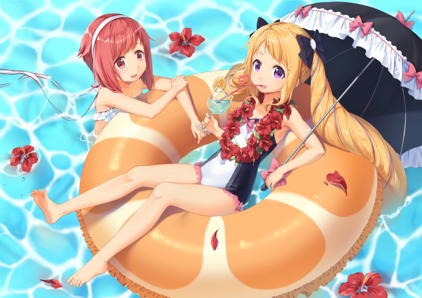 :d bangs bare_arms bare_shoulders barefoot bikini black_bow black_umbrella blonde_hair bow casual_one-piece_swimsuit commentary_request covered_navel crazy_straw cup day drink drinking_glass drinking_straw elise_(fire_emblem_if) eyebrows_visible_through_hair fire_emblem fire_emblem_if flower flower_on_liquid flower_wreath frilled_innertube frilled_umbrella frills hair_bow hairband heart_straw holding holding_cup innertube long_hair multiple_girls one-piece_swimsuit open_mouth orange_innertube outdoors parasol petals petals_on_liquid pink_bow purple_eyes red_eyes red_flower red_hair sakura_(fire_emblem_if) smile swimsuit transistor twintails umbrella very_long_hair water white_bikini white_hairband
