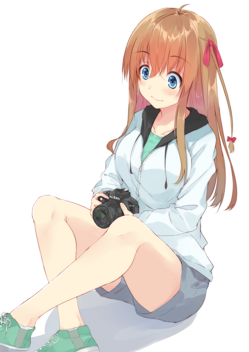 absurdres ahoge bangs blue_eyes blush bow breasts brown_hair camera collarbone commentary_request crossed_legs eyebrows_visible_through_hair hair_between_eyes hair_bow hair_ribbon highres holding holding_camera hood hoodie knees_up large_breasts long_hair long_sleeves looking_at_viewer nakadadaichi nikon_(company) original product_placement ribbon shadow shoes shorts sidelocks simple_background single-lens_reflex_camera sitting smile sneakers solo white_background zipper