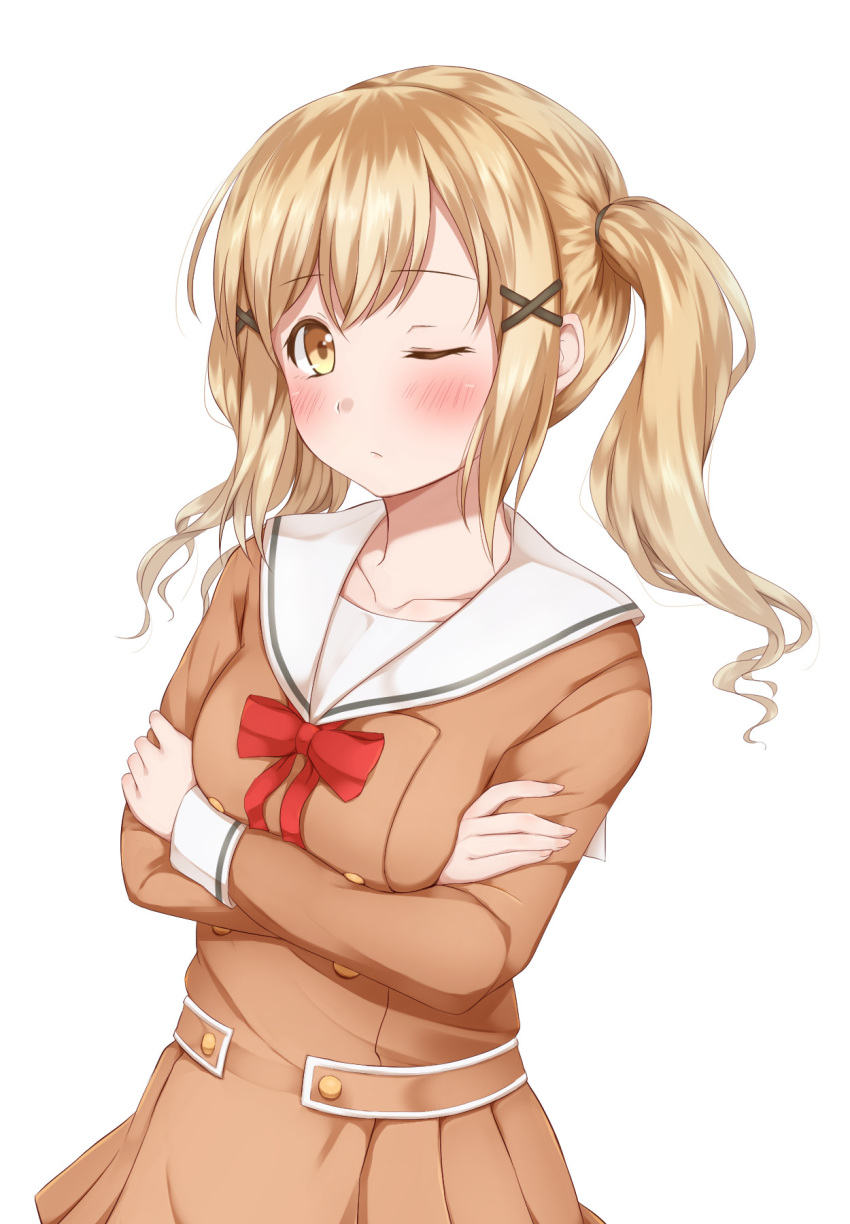 1girl bang_dream! bangs blonde_hair blush bow breasts brown_dress brown_eyes closed_mouth collarbone commentary_request crossed_arms dress eyebrows_visible_through_hair fingernails hair_ornament hanasakigawa_school_uniform highres hitotsuki_no_yagi ichigaya_arisa long_hair long_sleeves one_eye_closed pleated_dress red_bow sailor_collar sailor_dress school_uniform sidelocks simple_background small_breasts solo twintails white_background white_sailor_collar x_hair_ornament