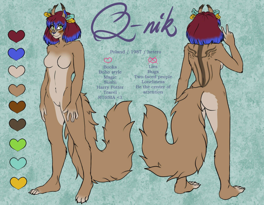 &lt;3 2018 4_toes 5_fingers anthro back_boob beige_pussy biped black_claws blue_hair blue_nose breasts brown_fur brown_stripes brown_tail butt character_name claws collarbone color_swatch countershade_legs countershade_torso countershading digital_drawing_(artwork) digital_media_(artwork) ear_tuft english_text eye_markings eyelashes feathers featureless_breasts feet female fingerless_(marking) fluffy fluffy_tail front_view full-length_portrait fur green_background green_eyes hair hi_res humanoid_feet humanoid_hands inner_ear_fluff long_tail looking_aside looking_away loose_feather mammal markings medium_breasts model_sheet multicolored_fur multicolored_hair navel nude pattern_background plantigrade portrait purple_hair pussy q-nik q-nik_(fursona) rear_view rodent short_hair simple_background smile snout solo squirrel standing stated_heterosexuality striped_fur stripes tan_countershading tan_fur tattoo text toe_claws toeless_(marking) toes tuft two_tone_fur two_tone_hair v_sign