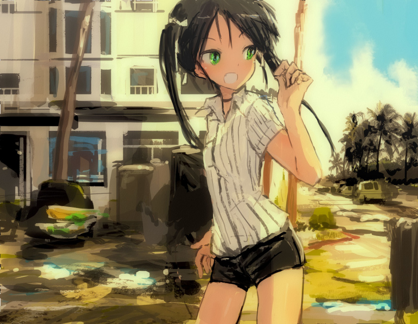 black_hair building car casual cloud contrapposto cowboy_shot desert fang flat_chest francesca_lucchini green_eyes ground_vehicle hand_up highres kabuyama_kaigi long_hair looking_to_the_side motor_vehicle open_mouth palm_tree short_shorts shorts sketch sky strike_witches tree twintails world_witches_series