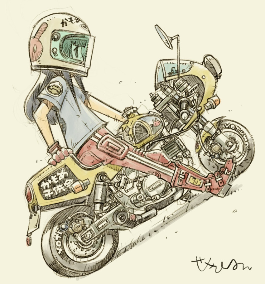 artist_name black_hair boots dutch_angle gloves ground_vehicle helmet highres long_hair motor_vehicle motorcycle motorcycle_helmet on_motorcycle original sekihan shirt signature sketch solo t-shirt