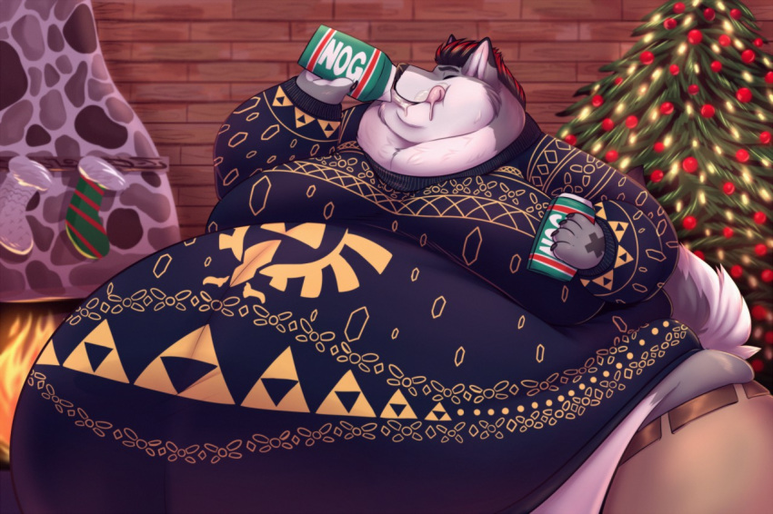 anthro belly belly_overhang belt beverage big_belly big_butt butt canine christmas christmas_lights christmas_stocking christmas_tree chubby_cheeks claws clothed clothing detailed_background double_chin drinking dripping eggnog eyes_closed fire fireplace fur grey_fur hair holding_beverage holding_object holidays hyper hyper_belly inside licking licking_lips male mammal midriff moobs morbidly_obese nintendo obese obese_male oreocakes overweight overweight_male smile solo the_legend_of_zelda tongue tongue_out tree triforce video_games white_fur wolf