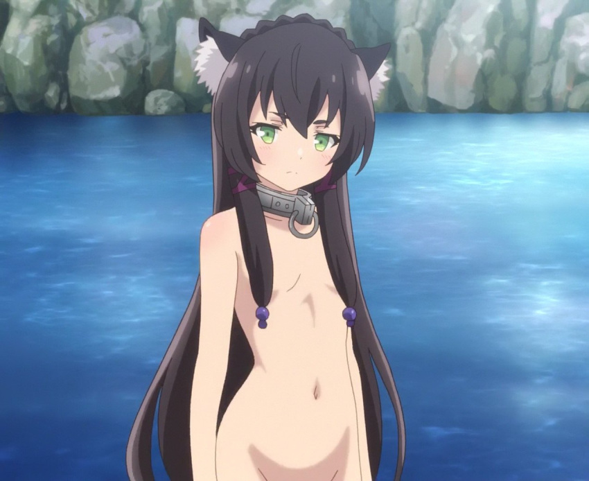 animal_ears black_hair cat_ears green_eyes isekai_maou_to_shoukan_shoujo_dorei_majutsu lake long_hair nude rem_galeu screencap stitched third-party_edit