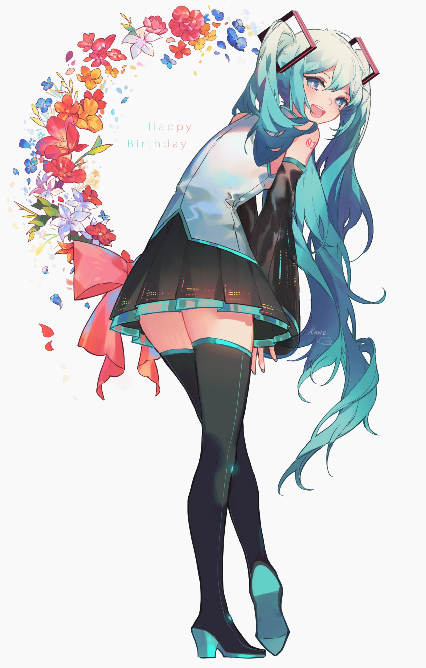 :d absurdres aqua_eyes aqua_hair bare_shoulders bent_over blue_eyes bow commentary confetti detached_sleeves english_commentary flower from_behind green_hair happy_birthday hatsune_miku high_heels highres kanekiru long_hair looking_at_viewer looking_back nail_polish necktie open_mouth skirt sleeveless smile solo tattoo thighhighs twintails very_long_hair vocaloid wide_sleeves