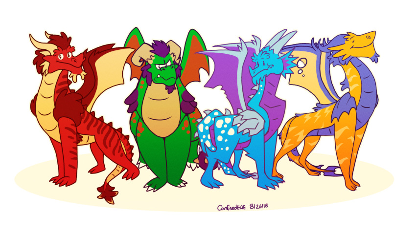 2018 3_toes blue_scales confusedewe_(artist) cyril dragon feral green_scales horn ignitus looking_at_viewer quadruped red_scales scales smile spikes spyro_the_dragon standing terrador the_legend_of_spyro toes toony video_games volteer wings yellow_scales