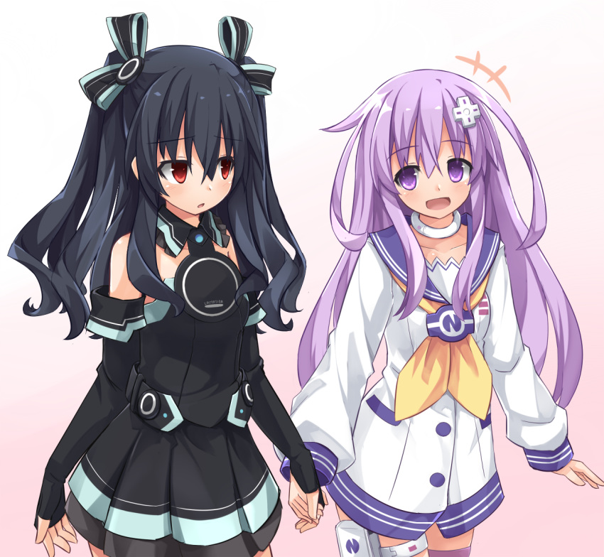 black_dress black_gloves black_hair blush choker commentary_request dress elbow_gloves eyebrows_visible_through_hair fingerless_gloves gloves hair_ornament hair_ribbon highres himajin_(starmine) holding_hands long_hair looking_at_another multiple_girls nepgear neptune_(series) open_mouth purple_eyes purple_hair red_eyes ribbon sailor_dress sleeveless smile thigh_strap uni_(choujigen_game_neptune)