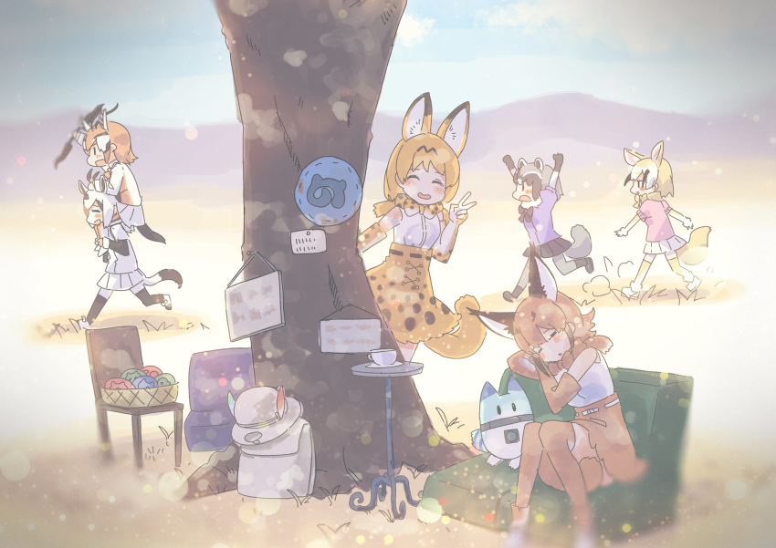 ^_^ animal_ears arabian_oryx_(kemono_friends) arms_up backpack bag belt black_footwear black_gloves black_hair black_legwear black_neckwear black_skirt blonde_hair blue_sky blush bow bowtie brown_hair brown_legwear brown_neckwear brown_skirt caracal_(kemono_friends) caracal_ears carrying closed_eyes commentary_request common_raccoon_(kemono_friends) couch cup day elbow_gloves extra_ears fennec_(kemono_friends) food fox_ears fox_tail fur_collar fur_trim gazelle_ears gazelle_horns gazelle_tail gloves grey_hair grey_legwear hasu_(zatsugami) hat hat_feather high-waist_skirt highres japari_bun japari_symbol kemono_friends long_sleeves lucky_beast_(kemono_friends) making_of multicolored multicolored_clothes multicolored_gloves multicolored_hair multicolored_legwear multicolored_neckwear multiple_girls open_mouth oryx_ears oryx_tail outdoors pantyhose pink_neckwear pink_sweater print_gloves print_skirt raccoon_ears raccoon_tail serval_(kemono_friends) serval_ears serval_print serval_tail shirt short_over_long_sleeves short_sleeves shoulder_carry sitting skirt sky sleeping sleeveless sleeveless_shirt sweater table tail teacup thighhighs thomson's_gazelle_(kemono_friends) tree v white_belt white_footwear white_gloves white_hair white_legwear white_neckwear white_skirt yellow_gloves yellow_legwear yellow_neckwear yellow_skirt |_|