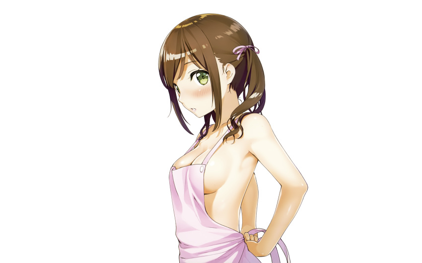 5_nenme_no_houkago apron blush brown_hair green_eyes kantoku photoshop sideboob twintails white