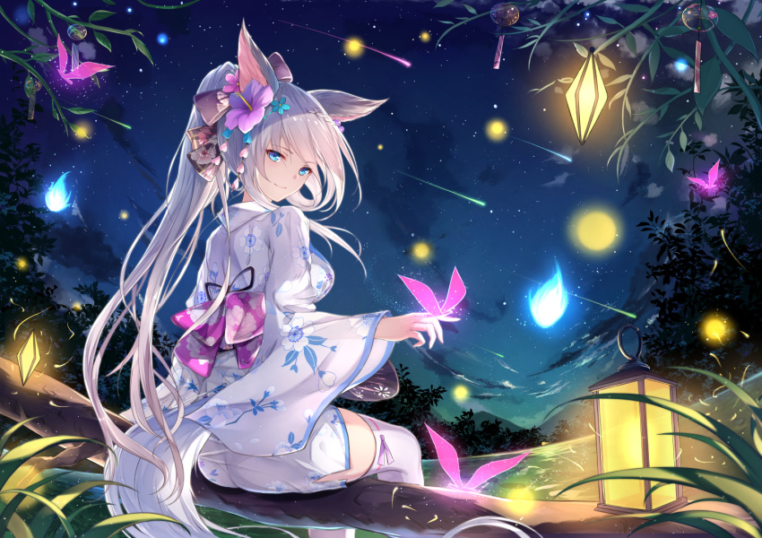 animal_ears ass blue_eyes blush bow breasts bug butterfly energy floral_print flower fox_ears fox_girl fox_tail from_behind fuuro_(johnsonwade) glowing glowing_butterfly hair_between_eyes hair_bow hair_flower hair_ornament head_tilt in_tree insect japanese_clothes kimono lantern long_hair long_sleeves looking_at_viewer looking_back night night_sky obi original outdoors plant ponytail sash see-through sitting sitting_in_tree sky smile solo sparkle star star_(sky) starry_sky tail thighhighs tree very_long_hair white_legwear wide_sleeves yukata