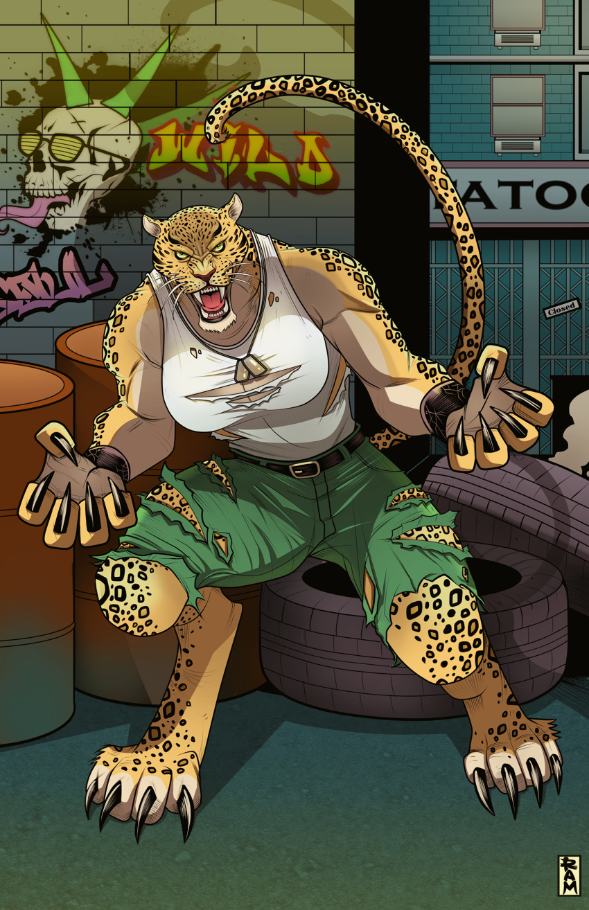 alley_way angry big_breasts bloody_roar bloody_roar_2 breasts claws clothing feline female fighting_stance graffiti leopard mammal muscular muscular_female oil_drum raised_tail ramartwork shina_the_leopard shirt shorts skull snarling solo store tank_top teeth tire tongue torn_clothing