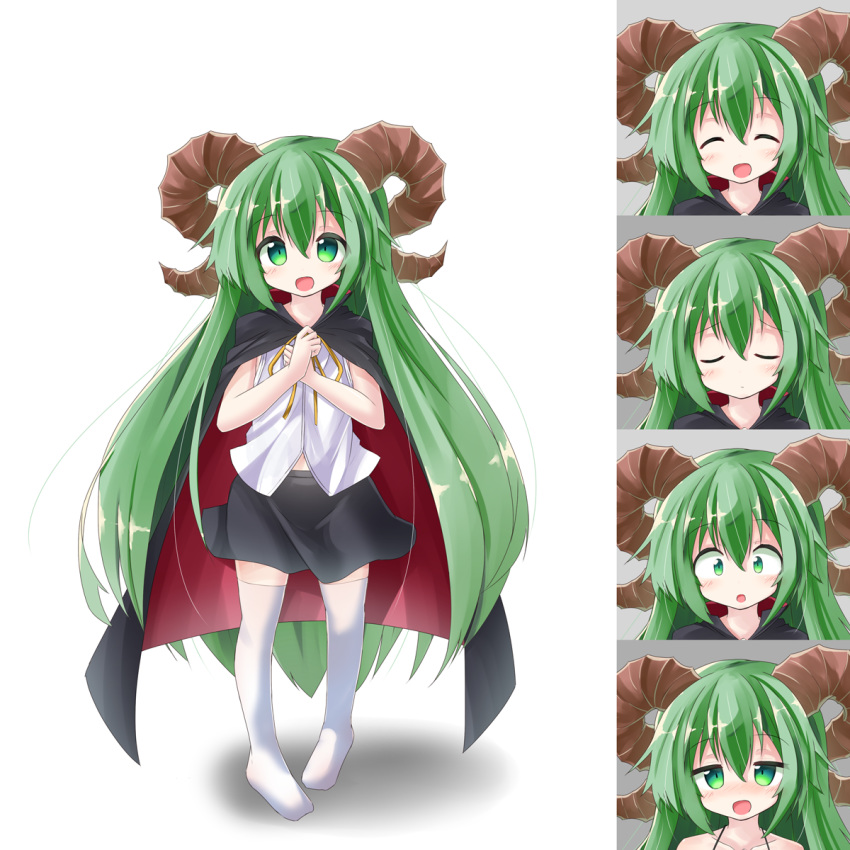 1girl :d :o ^_^ bangs bare_shoulders black_cape black_skirt blush cape closed_eyes closed_mouth collarbone commentary_request curled_horns expressions eyebrows_visible_through_hair eyes_closed green_eyes green_hair hair_between_eyes hands_up highres horns long_hair multicolored multicolored_cape multicolored_clothes neck_ribbon no_shoes open_mouth original own_hands_together parted_lips pigeon-toed red_cape ribbon ryogo shirt skirt smile standing thighhighs very_long_hair white_legwear white_shirt yellow_ribbon