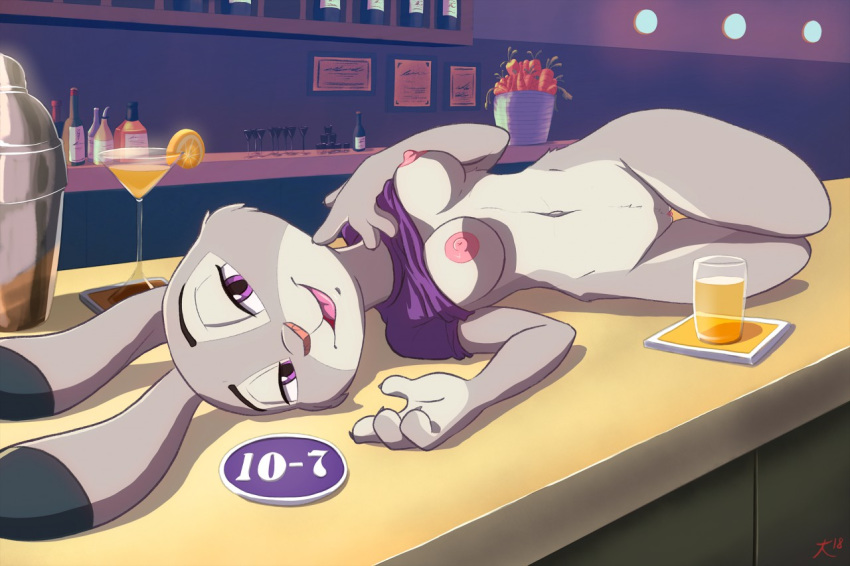 2018 alcohol anthro areola beverage bottomless breasts carrot clitoris clothed clothing clothing_lift cocktail cocktail_glass deannart disney erect_nipples female food fur judy_hopps lagomorph looking_at_viewer mammal martini nipples open_mouth purple_eyes pussy rabbit seductive shirt shirt_lift smile solo tongue vegetable zootopia
