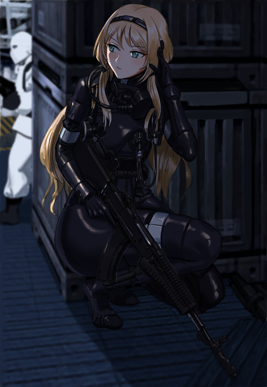 1girl absurdres an-94 an-94_(girls_frontline) aqua_eyes assault_rifle bangs blonde_hair blush bodysuit closed_mouth container crossover diving_suit eyebrows_visible_through_hair girls_frontline gun hairband highres holding holding_weapon listening long_hair looking_back metal_gear_(series) metal_gear_solid military military_uniform nutro oxygen_mask rebreather rifle sidelocks sneaking squatting trigger_discipline uniform weapon wetsuit