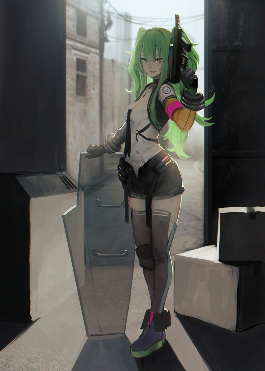:d armband box building calico_m950 full_body girls_frontline gloves green_hair gun handgun hayabusa highres indoors long_hair m950a_(girls_frontline) necktie open_mouth pistol power_lines shield shorts smile solo suspenders thighhighs twintails weapon yellow_eyes