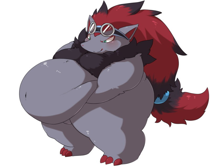 2017 belly belly_fondling belly_jiggle big_belly claws eyewear featureless_crotch goggles goggles_on_head hair hair_ring long_hair male mostly_nude navel nintendo obese overweight pok&eacute;mon pok&eacute;mon_(species) self_grab simple_background smile solo thick_thighs video_games white_background yosioka_san zoroark