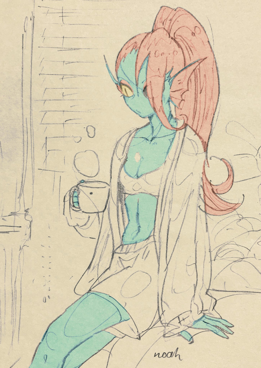 anthro blue_skin clothed clothing cup eye_patch eyewear fish hair marine noaharbre sitting_on_bed undertale underwear undyne video_games