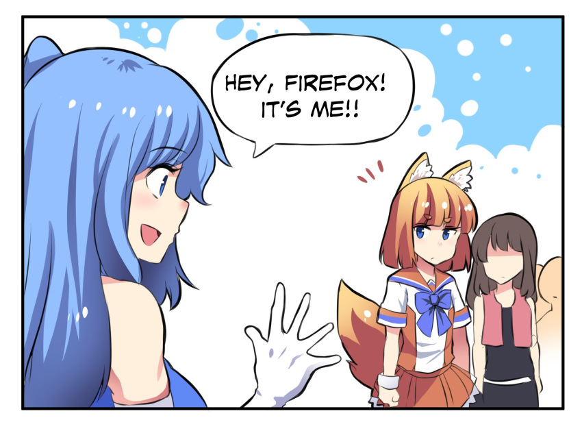 animal_ears blue_eyes blue_hair blush breasts brown_hair closed_mouth collarbone comic commentary elbow_gloves english english_commentary eyebrows_visible_through_hair firefox fox_ears fox_tail gloves hair_ornament highres hinghoi internet_explorer large_breasts legend_of_mana looking_at_another multiple_girls open_mouth orange_skirt os-tan seiken_densetsu short_hair skirt smile speech_bubble tail white_gloves