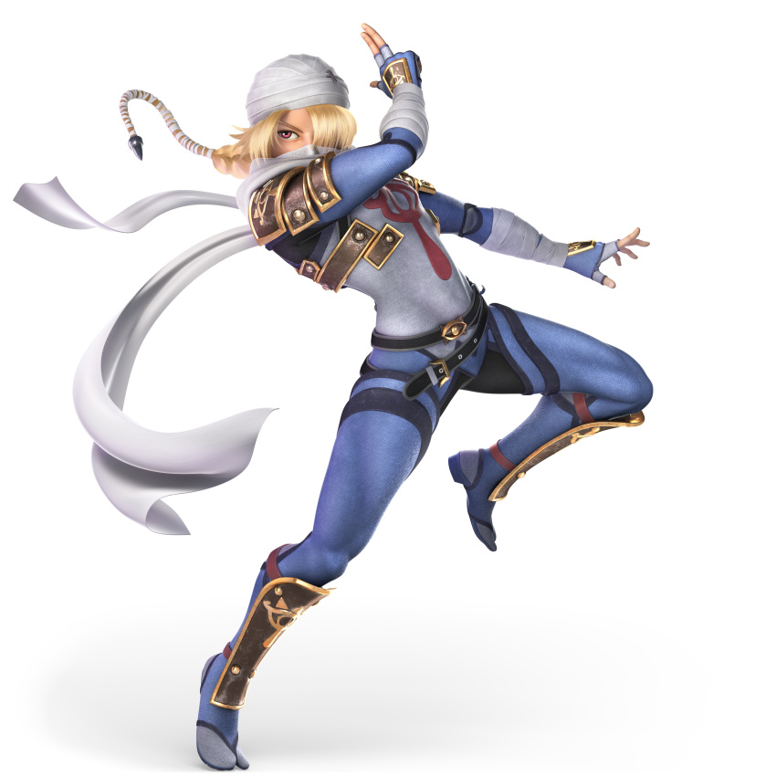 absurdres androgynous bandages blonde_hair braid dark_skin full_body gloves hair_over_one_eye hat highres long_hair mask official_art pointy_ears red_eyes reverse_trap sheik solo super_smash_bros. super_smash_bros._ultimate surcoat the_legend_of_zelda the_legend_of_zelda:_breath_of_the_wild the_legend_of_zelda:_ocarina_of_time transparent_background weapon