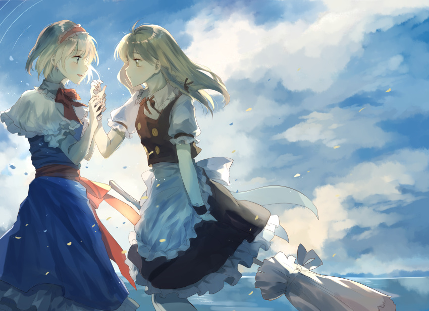 absurdres alice_margatroid apron blonde_hair blue_eyes blue_sky bow braid broom broom_riding capelet cloud dress earrings hair_bow headgear_removed highres holding_hands jewelry kirisame_marisa long_hair looking_at_another meng_ziya multiple_girls neck_ribbon ribbon short_hair single_braid sky smile touhou wrist_cuffs yellow_eyes