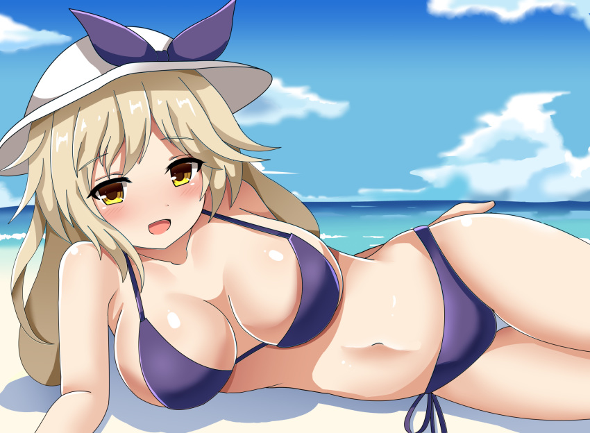 beach bikini blonde_hair blue_sky breasts cleavage cloud collarbone cowboy_shot day guard_bento_atsushi hat highres large_breasts long_hair looking_at_viewer lying navel on_side open_mouth outdoors purple_bikini side-tie_bikini sky smile solo sun_hat swimsuit thigh_gap touhou watatsuki_no_toyohime white_hat yellow_eyes