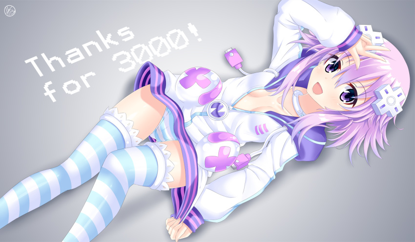 1girl :d blush breasts cameltoe choker collar d-pad d-pad_hair_ornament english_text followers hair_ornament helvetica_5tandard highres hood hooded_jacket jacket jacket_tug knee_up long_sleeves looking_at_viewer lying neptune_(choujigen_game_neptune) neptune_(series) no_bra on_back open_mouth panties pantyshot pantyshot_(lying) partially_unzipped purple_eyes purple_hair short_hair small_breasts smile solo striped striped_legwear striped_panties thighs underwear usb white_choker