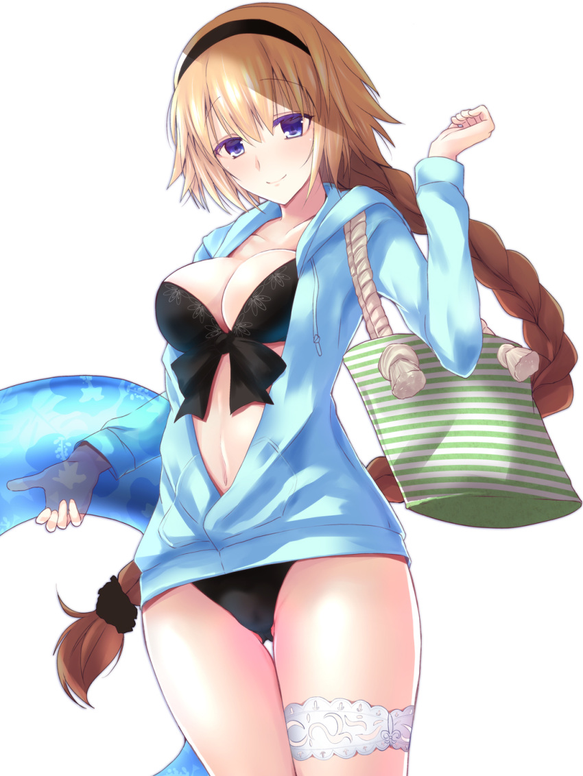 arms_up bag black_bow black_swimsuit blue_jacket bow braid breasts brown_hair cleavage fate/grand_order fate_(series) floral_print garter_straps hairband head_tilt highres holding holding_innertube hood hoodie innertube jacket jeanne_d'arc_(fate)_(all) jeanne_d'arc_(swimsuit_archer) large_breasts long_hair long_sleeves looking_at_viewer multicolored_hair open_clothes open_jacket purple_eyes ribbon rikudou_inuhiko shoulder_bag simple_background single_braid smile solo swimsuit thigh_gap two-tone_hair very_long_hair white_background