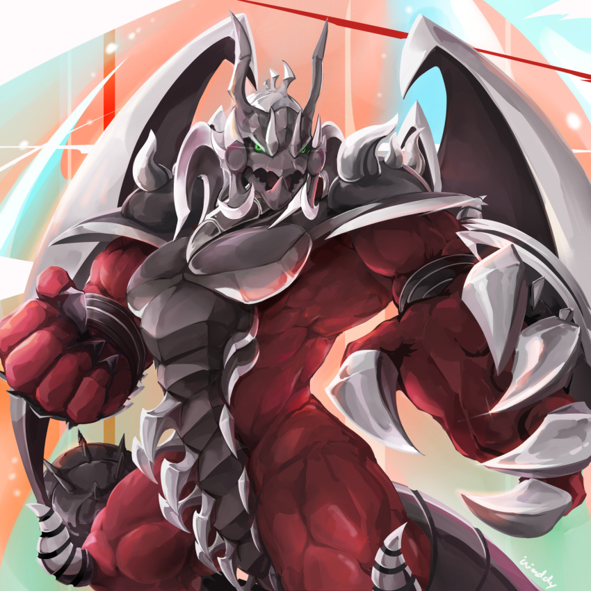 2018 ambiguous_gender armor armored_dragon_lv_10 biceps claws dragon green_eyes muscular red_skin scalie solo spikes waddledox wings yu-gi-oh