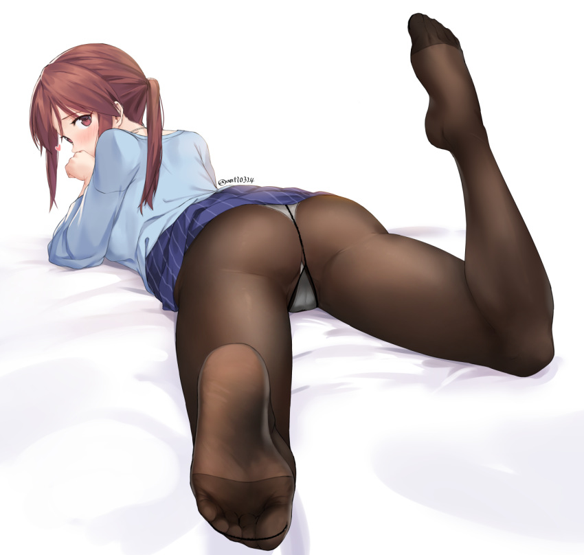 ass bangs blue_shirt blue_skirt blush brown_eyes brown_hair brown_legwear cameltoe commentary_request deneb_(noble324) eyebrows_visible_through_hair feet fine_fabric_emphasis full_body gusset heart highres idolmaster idolmaster_cinderella_girls legs long_hair long_sleeves looking_at_viewer looking_back lying mifune_miyu no_shoes on_stomach panties panties_under_pantyhose pantyhose ponytail pov_feet shirt simple_background skirt soles solo toe_seam toes twitter_username underwear white_background white_panties