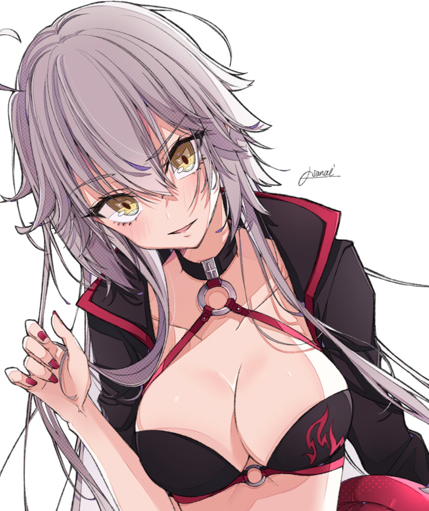 bikini black_bikini black_gloves black_jacket breasts choker cleavage commentary fate/grand_order fate_(series) gloves grey_hair hair_between_eyes highres jacket jeanne_d'arc_(alter_swimsuit_berserker) jeanne_d'arc_(fate)_(all) large_breasts long_hair looking_at_viewer o-ring o-ring_bikini o-ring_top osanai shrug_(clothing) signature simple_background solo swimsuit symbol_commentary upper_body white_background yellow_eyes