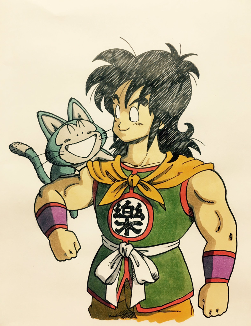 :d animal animal_on_shoulder belt black_eyes black_hair clenched_hands clothes_writing commentary_request dragon_ball dragon_ball_(classic) flying happy highres lee_(dragon_garou) long_hair looking_at_another male_focus muscle neckerchief open_mouth orange_neckwear puar simple_background sleeveless smile standing tail upper_body whiskers white_background wristband yamcha
