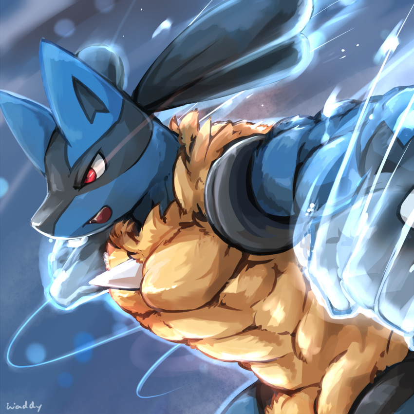 abs anthro canine fur lucario male mammal muscular muscular_male nintendo open_mouth pecs pok&eacute;mon pok&eacute;mon_(species) red_eyes solo video_games waddledox wide_hips