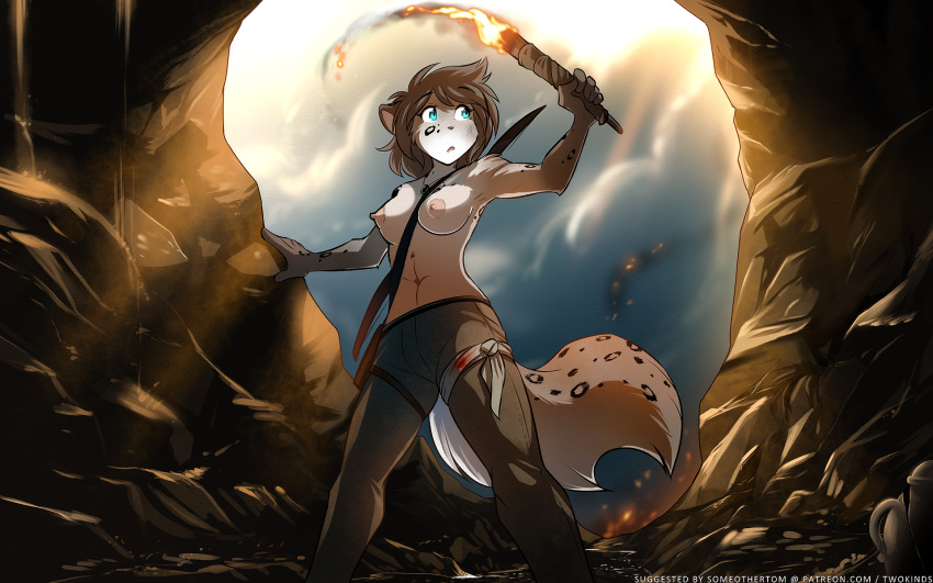 16:10 2018 anthro bandage bare_shoulders basitin blue_eyes bow_(weapon) breasts brown_fur canine cave clothed clothing cosplay detailed_background edit feline female fur grey_fur hi_res holding_object hybrid inside kathrin_(twokinds) keidran looking_aside mammal multicolored_fur nipples nude_edit partially_clothed ranged_weapon solo spots spotted_fur tom_fischbach tomb_raider topless torch twokinds weapon webcomic white_fur