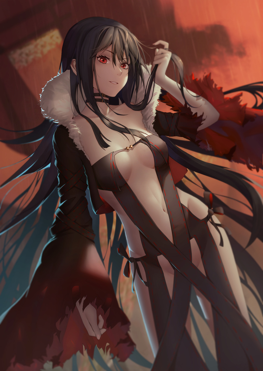 1girl arm_at_side arm_up black_hair black_jacket blurry blurry_background breasts breasts_apart buckle center_opening collar collarbone commentary_request consort_yu_(fate) contrapposto cropped_jacket depth_of_field dutch_angle estcc fate/grand_order fate_(series) fur-trimmed_jacket fur_trim groin hand_in_hair head_tilt highres jacket long_hair long_sleeves looking_at_viewer medium_breasts navel open_clothes open_jacket outdoors parted_lips rain red_eyes revealing_clothes smile solo stomach very_long_hair wide_sleeves