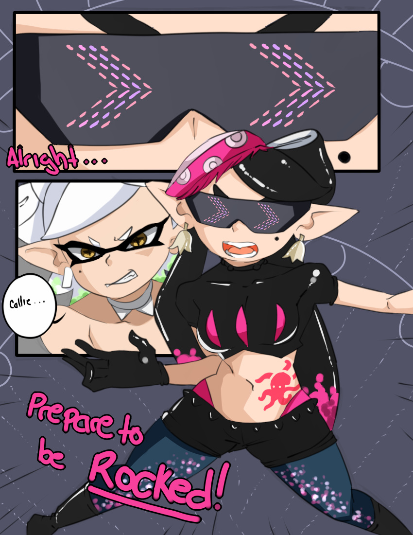 2019 5_fingers angry animal_humanoid beauty_mark black_hair breasts callie_(splatoon) cephalopod cephalopod_humanoid clothed clothing comic dialogue digital_media_(artwork) duo ear_piercing english_text eyewear female hair humanoid hypnosis inkling inuyuru light_skin long_hair marie_(splatoon) marine marine_humanoid midriff mind_control mollusk mollusk_humanoid navel nintendo piercing pose short_hair splatoon squid_sisters_(splatoon) sunglasses tattoo tentacle_hair tentacles text video_games white_hair yellow_eyes