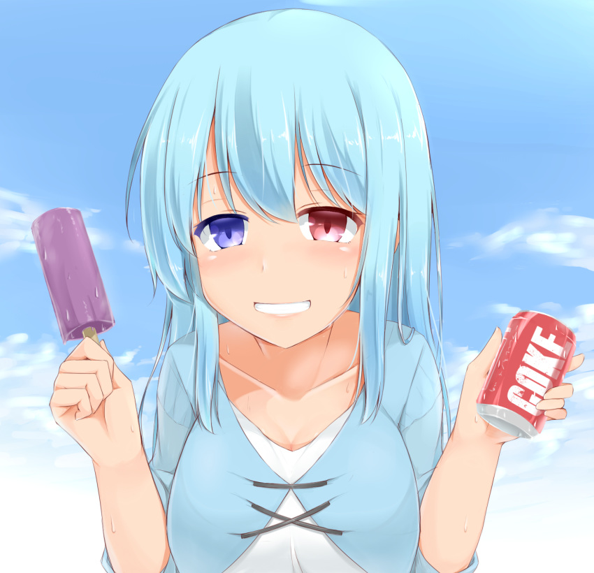 aqua_hair bangs blue_eyes blush breasts can cleavage clothing_request cloud coca-cola collarbone commentary day eyebrows_visible_through_hair food garasuita grin heterochromia highres holding holding_can holding_food ice_cream large_breasts long_hair long_sleeves outdoors red_eyes shiny shiny_hair sky smile soda_can solo stitches tatara_kogasa touhou upper_body