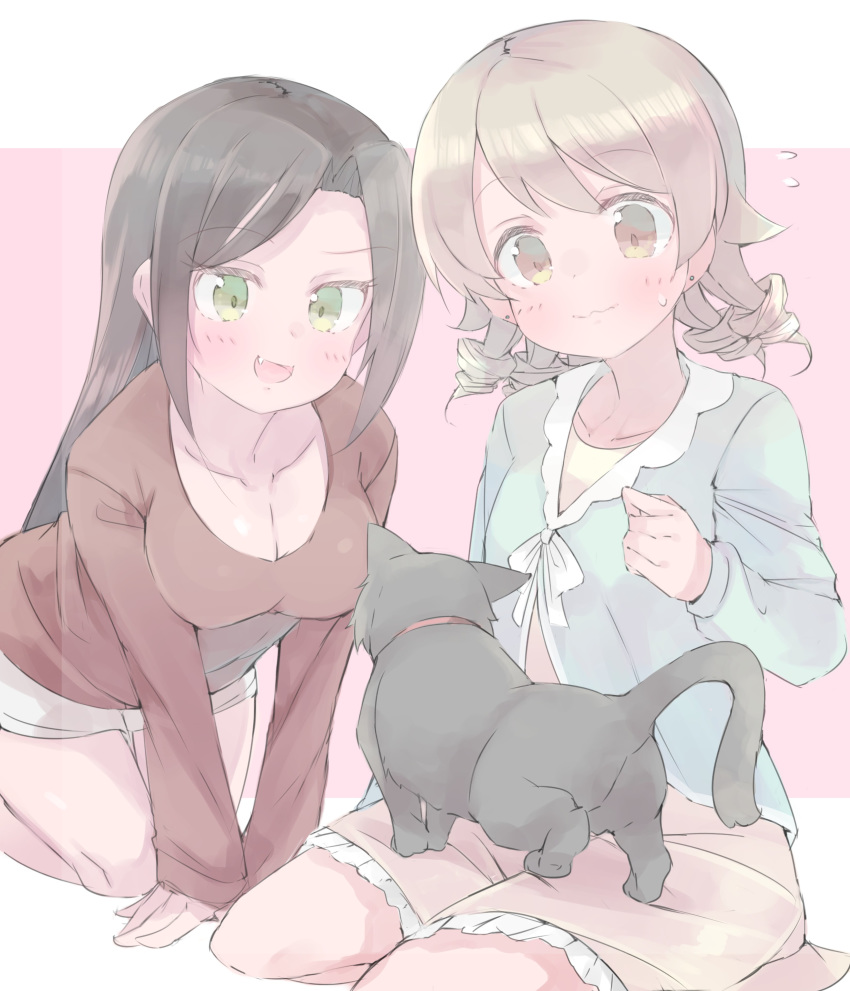 2girls a_mineha absurdres all_fours black_cat black_hair blouse blue_blouse blush breasts brown_eyes brown_hair cat cleavage collared_blouse commentary cropped_legs dress drill_hair earrings fang flying_sweatdrops green_eyes highres idolmaster idolmaster_cinderella_girls idolmaster_cinderella_girls_starlight_stage jewelry leaning_forward light_brown_hair long_hair long_sleeves medium_breasts medium_hair morikubo_nono mukai_takumi multiple_girls open_mouth pink_background raised_eyebrow ringlets seiza shirt simple_background sitting small_breasts smile stud_earrings sweatdrop wavy_mouth yellow_dress