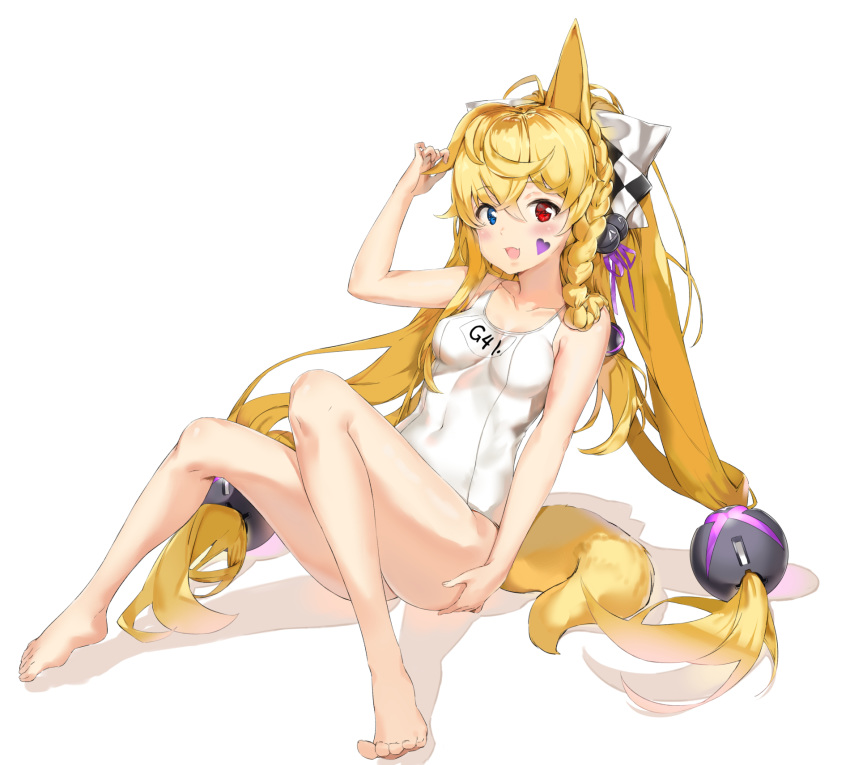 animal_ears barefoot blonde_hair blush braid collarbone commentary_request eyebrows_visible_through_hair fox_tail g41_(girls_frontline) girls_frontline hair_ornament hair_ribbon heart heterochromia highres leaning_back long_hair looking_at_viewer one-piece_swimsuit open_mouth pixel_(yuxian) ribbon school_swimsuit simple_background sitting solo sticker swimsuit tail two_side_up white_background white_school_swimsuit white_swimsuit