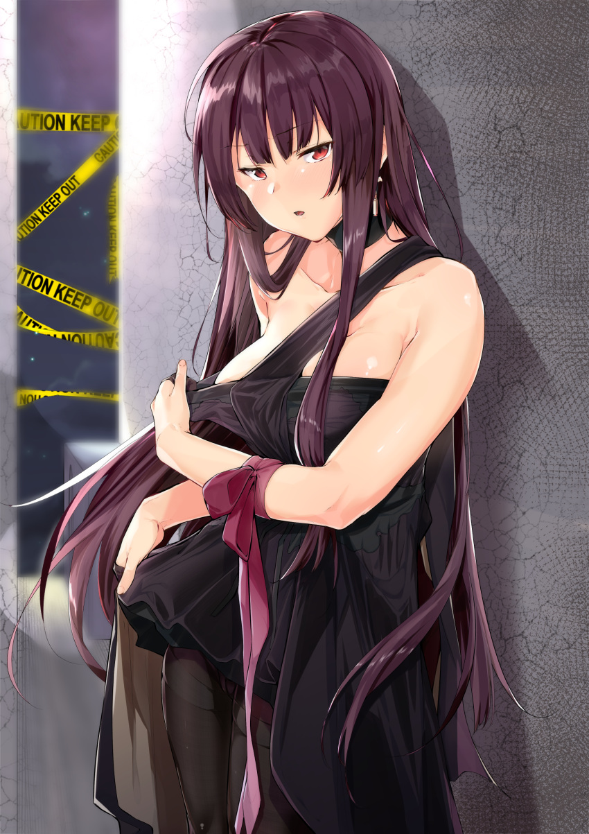 absurdres alternate_costume alternate_hairstyle armpit_crease bangs bare_shoulders black_dress black_gloves black_legwear blush breasts caution_tape choker cleavage collarbone commentary_request cowboy_shot dress dress_lift dress_tug earrings eyebrows_visible_through_hair girls_frontline gloves half_gloves highres indoors jewelry large_breasts lifted_by_self long_hair looking_at_viewer open_mouth pantyhose pink_ribbon purple_hair red_eyes ribbon sidelocks single_strap solo thighband_pantyhose uno_ryoku very_long_hair wa2000_(girls_frontline) wrist_ribbon