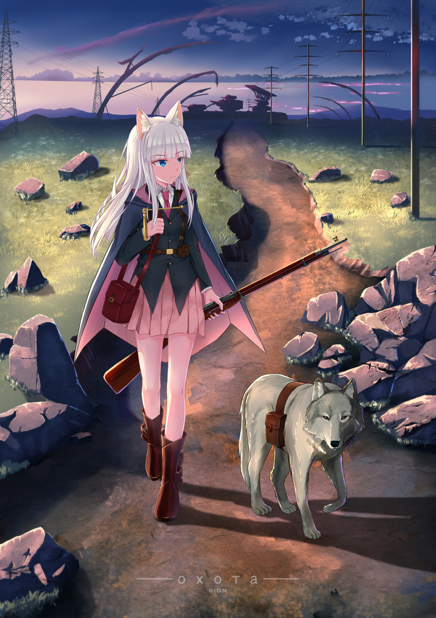 animal_ears artist_name bag blue_eyes boots brown_footwear cat_ears closed_mouth eyebrows_visible_through_hair gun handbag highres holding holding_gun holding_weapon long_hair looking_away original outdoors pink_skirt russian scenery silver_hair sion005 skirt solo standing translated weapon wolf